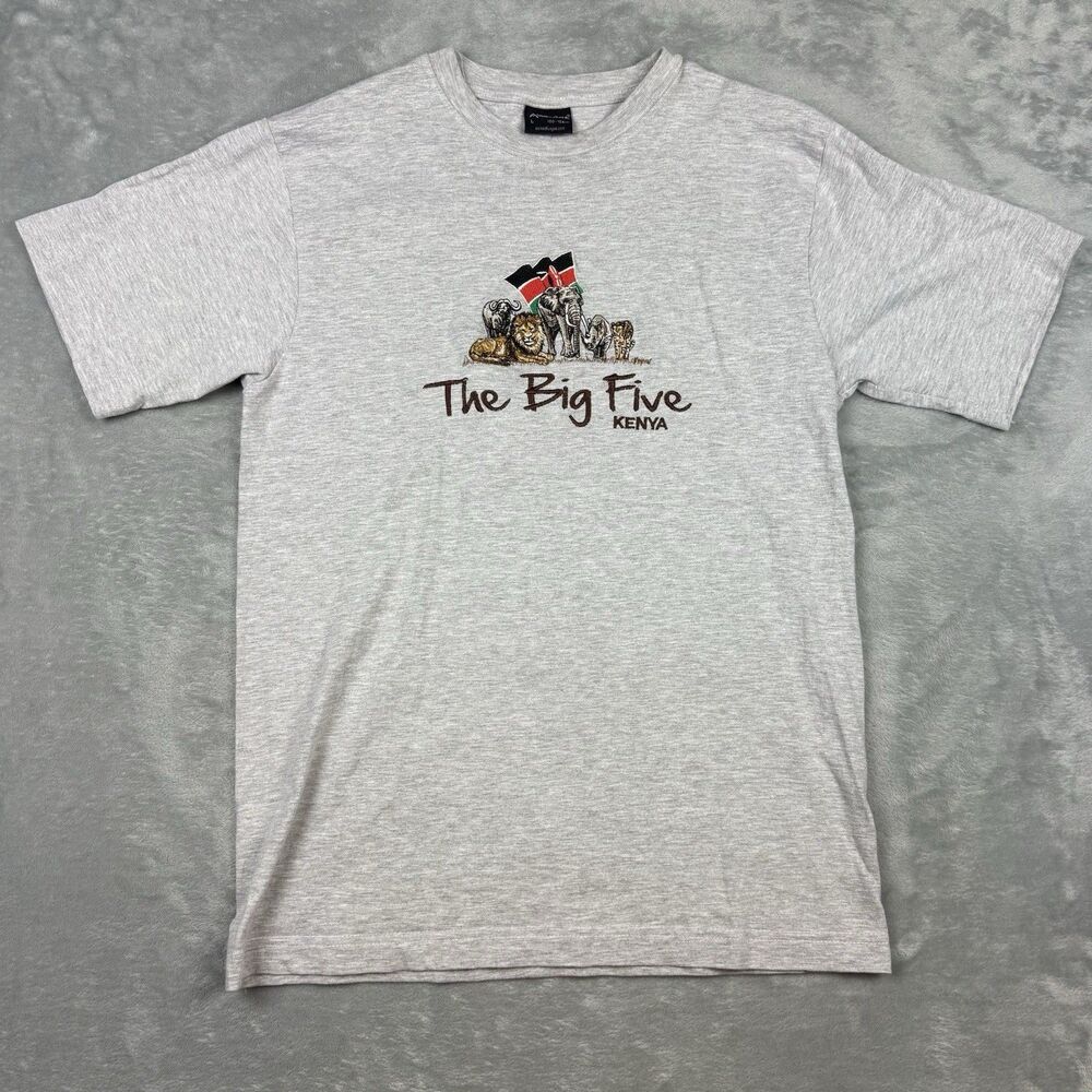 Vintage Kenya Big Five Safari Wildlife Graphic T-Shirt Gray Large